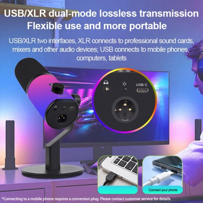 Прозрачный USB-конденсаторный микрофон с цветными световыми эффектами, шумоподавлением, для стриминга, подкастов, записи на ПК