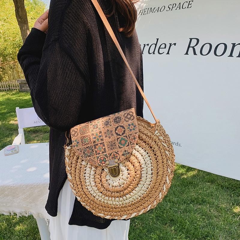 YOUHUAGUO Круглая соломенная сумка, женская тканая пляжная сумка через плечо, женская сумка из ротанга ручной работы на плечо, маленькая сумка в богемном дизайне
