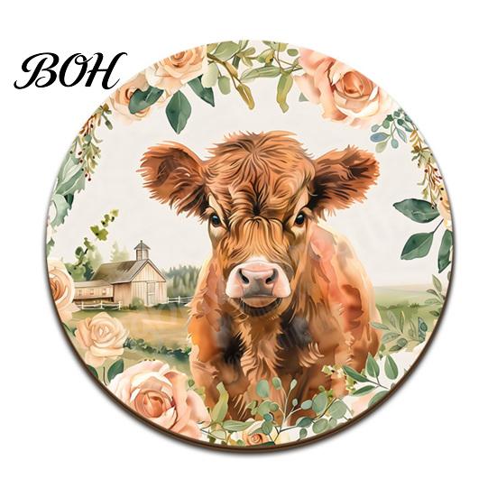 Vintage Flower Print Cup Holders Highland Cow Cork Coasters, Cute Floral Farmhouse Drink Mats with Protective Furniture for Office Non-Slip Base, Heat