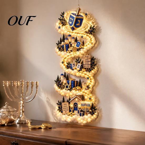 Festive Living Room Wall Accents Hanukkah Festival Light Decor, LED Cascading Trail with Warm White Holiday Display Glow, 2D Print Illuminated Art for