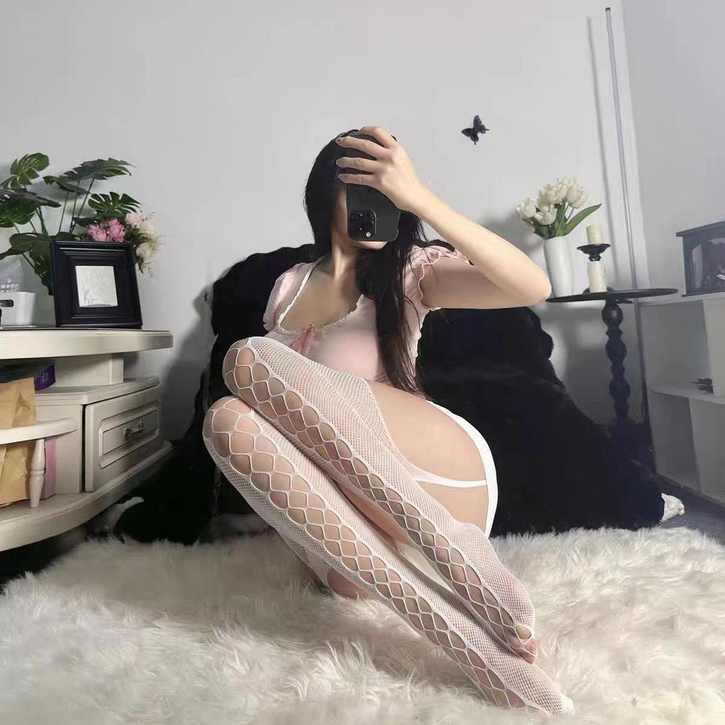 "Sexy Black Fishnet Lingerie: Open Crotch Garter Stockings for Millennials"