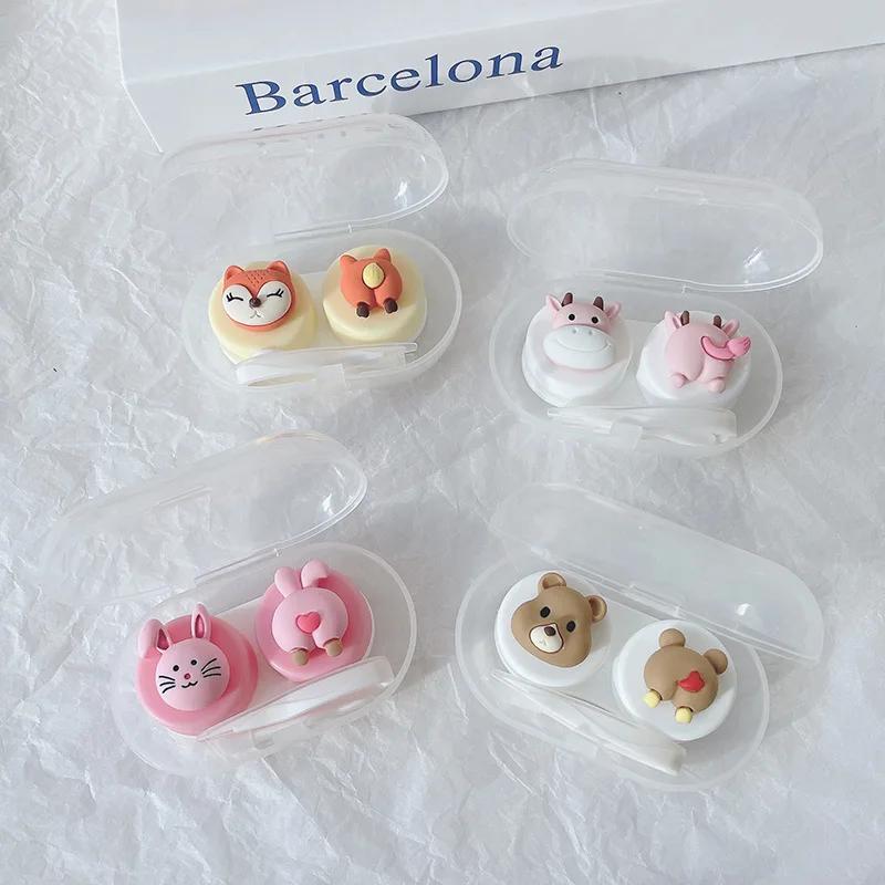 Kawai Pink Rabbit Cow Fox Bear Pattern Contact Lens with Tweezer Suction Stick Girls Portable Contact Lenses Box Container