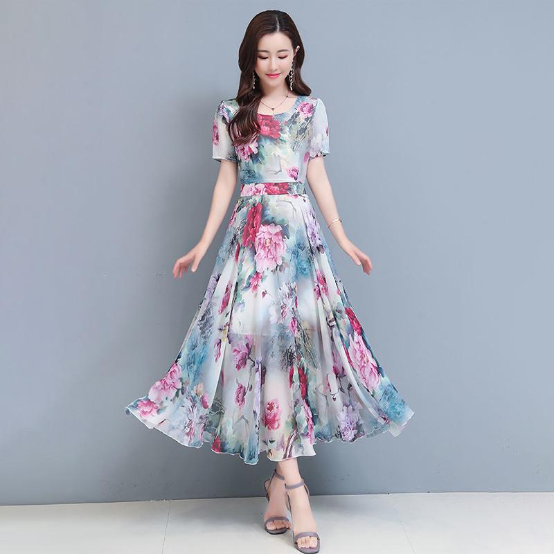New Elegant Floral Fashion Dress Women's Summer Fashion Cover Belly Slim Long Flowing Dress Beach Skirt.