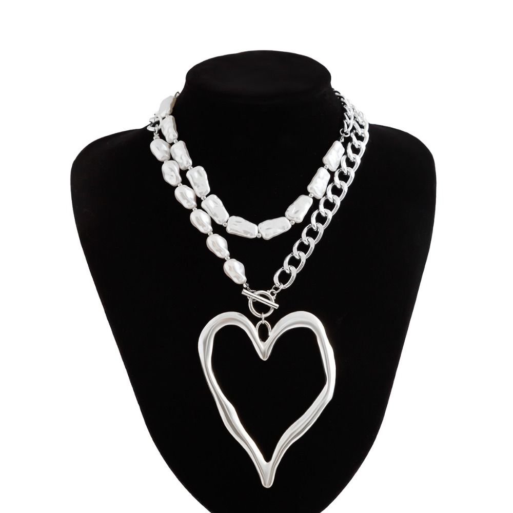 Exaggerated Size Heart Pendant Necklace Big Love Multilayer Pearl Necklace Festival