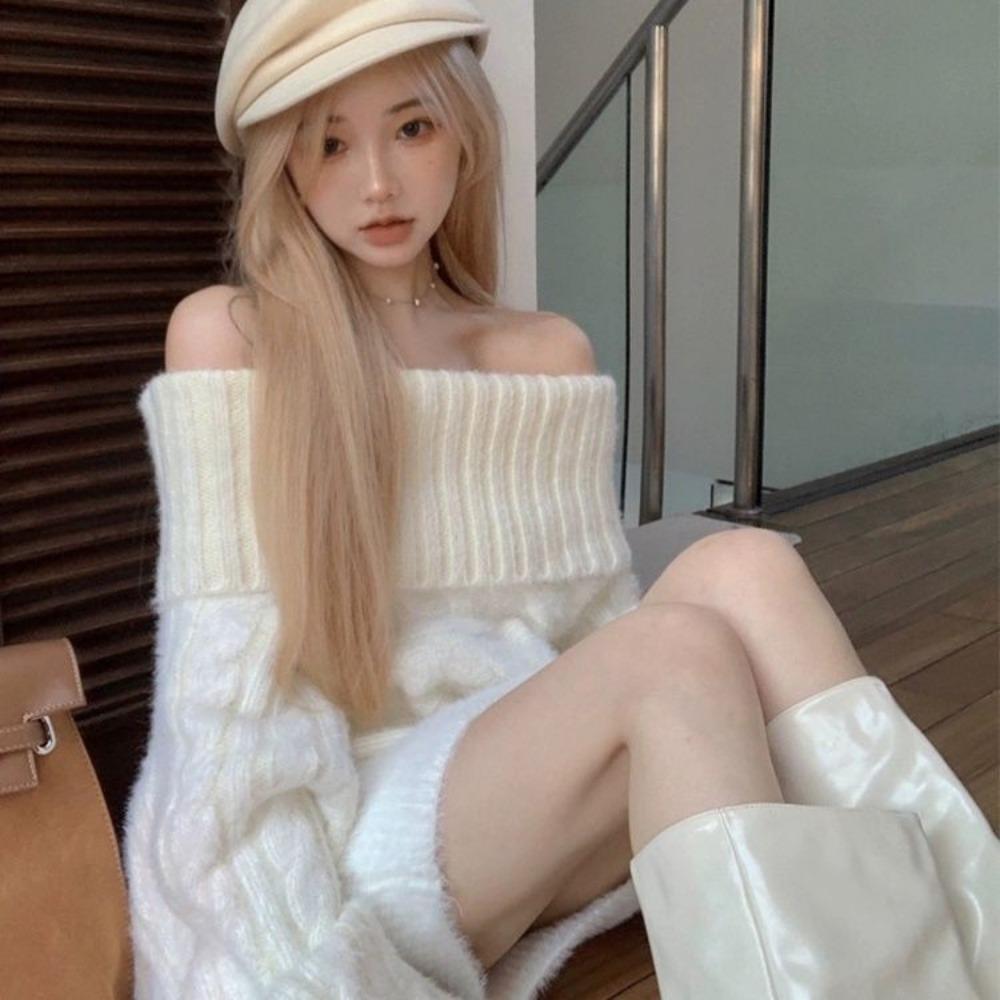 One-word Shoulder Sweater Women's Autumn and Winter New Gentle and Loose High-end Knitted Sweater Pullover Twist Top