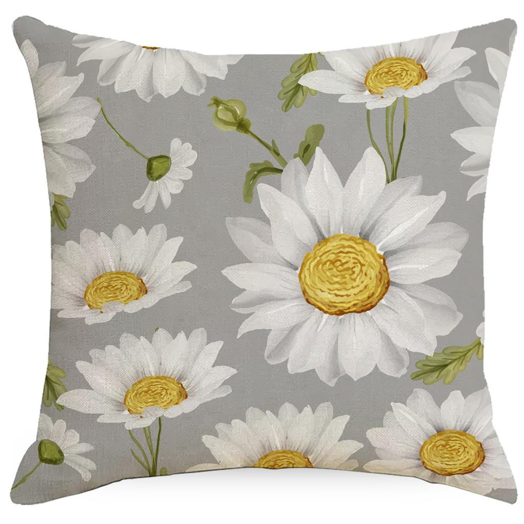 Spring and Summer Daisy Flowers Printed Linen Pillowcase Simple Gray Home Living Room Bedroom Decoration Pillowcase