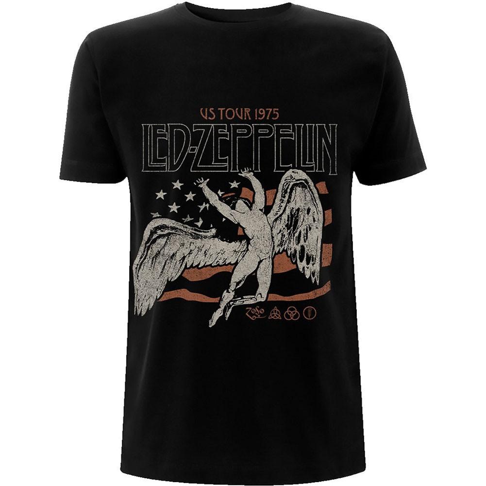 Casual Graphic Tee Unisex Men's Led Zeppelin US 1975 Tour Flag Slim Fit T-shirt XX-Large Black
