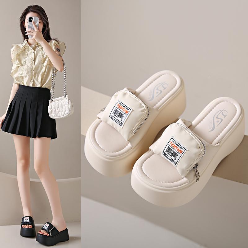 Fashion Fashion Pocket Chunky Platform Sandals Women 2024 Summer 8CM Wedge High Heels Sandals Woman Thick Bottom Slides Beach Slippers