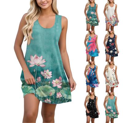 Женское повседневное гавайское праздничное платье с принтом и U-образным вырезом без рукавов, пляжное платье