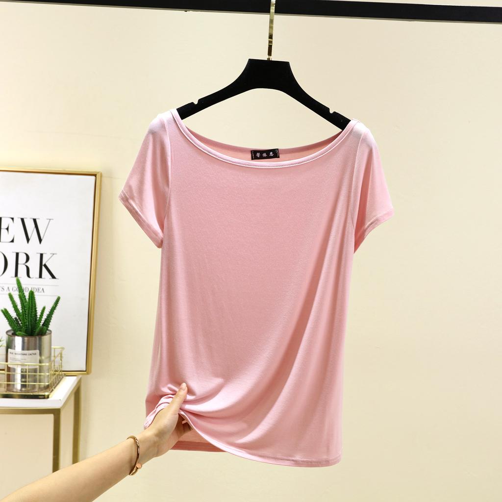 Модал с короткими рукавами и открытой спиной Футболки женские лодочки с открытыми плечами Футболка Однотонный цвет Свободный базовый слой Топ Большие размеры простые Майки