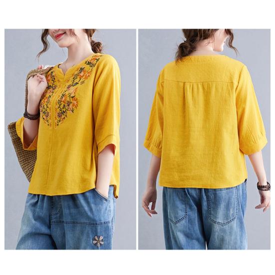 Women Summer Casual Shirt V-Neck Half Sleeve Pullover Tops Embroidery Floral Pattern Loose Fit Comfortable Breathable Blouse