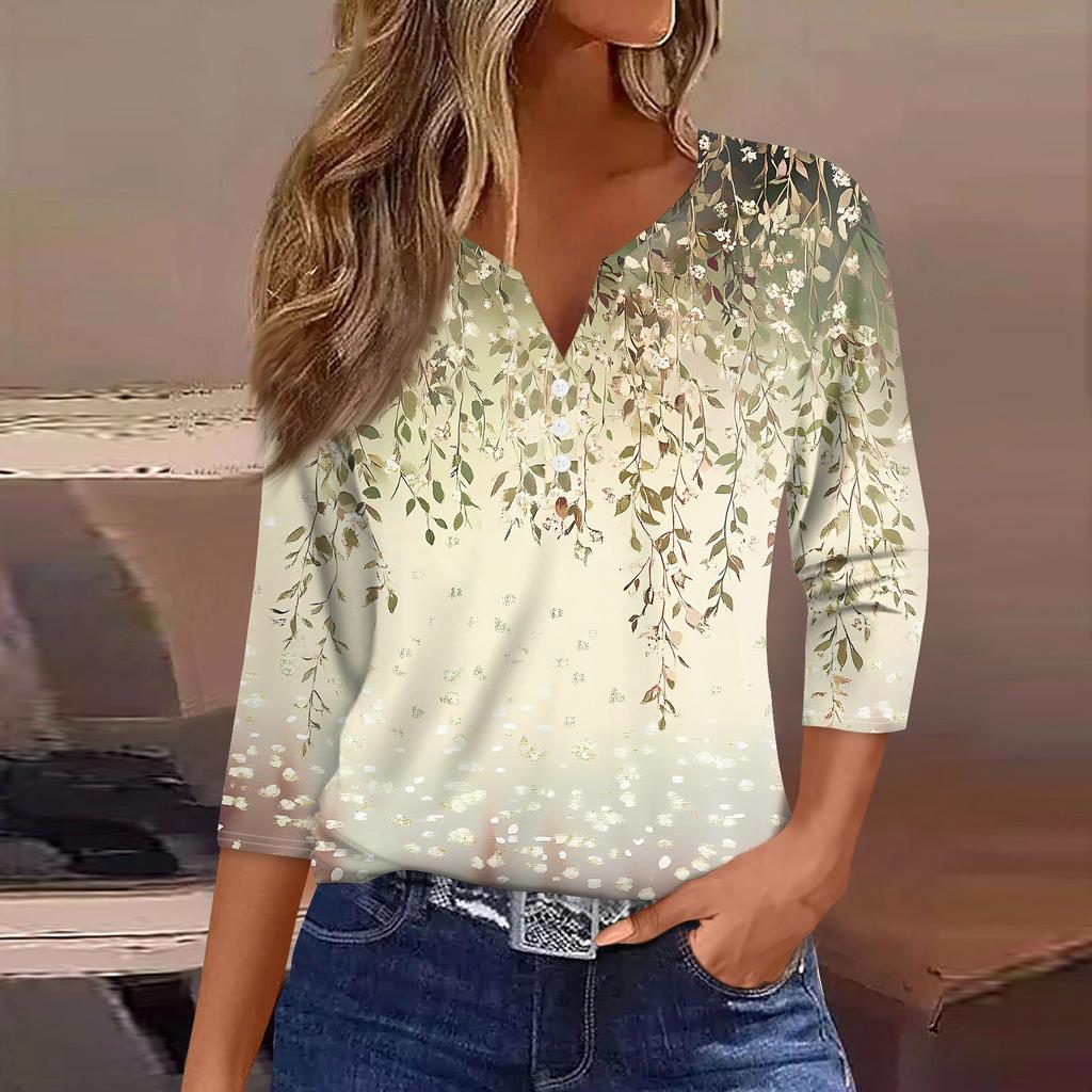 Women's T Shirt Print Button 3/4 Sleeve Daily Weekend Fashion Basic V- Neck Regular Top