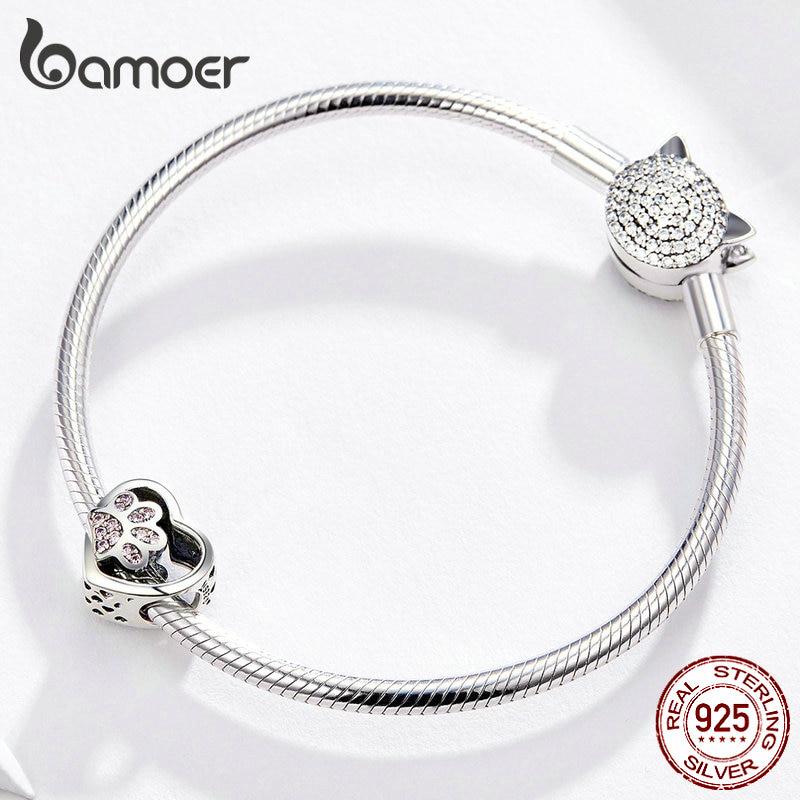 BAMOER 925 Sterling Silver Cat Love Heart-shape Charm Paw Footprints Heart Charms Beads Fit Original Bracelet
