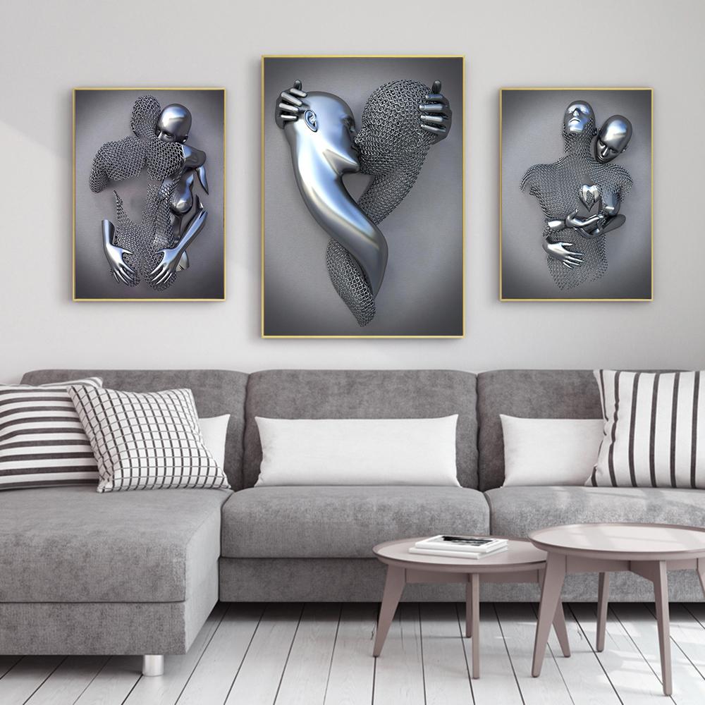 3D Любовь Сердце Серая Металлическая Фигура Статуя Холст Картина Плакаты и принты Современные Настенные Художественные Фотографии для Гостиной Домашний Декор