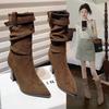 Korean Fashion Pleated Mid-tube Skinny Heel Pile Boots Women's 2024 Fall Belt Buckle Suede Pointed Heel Ankle Boots