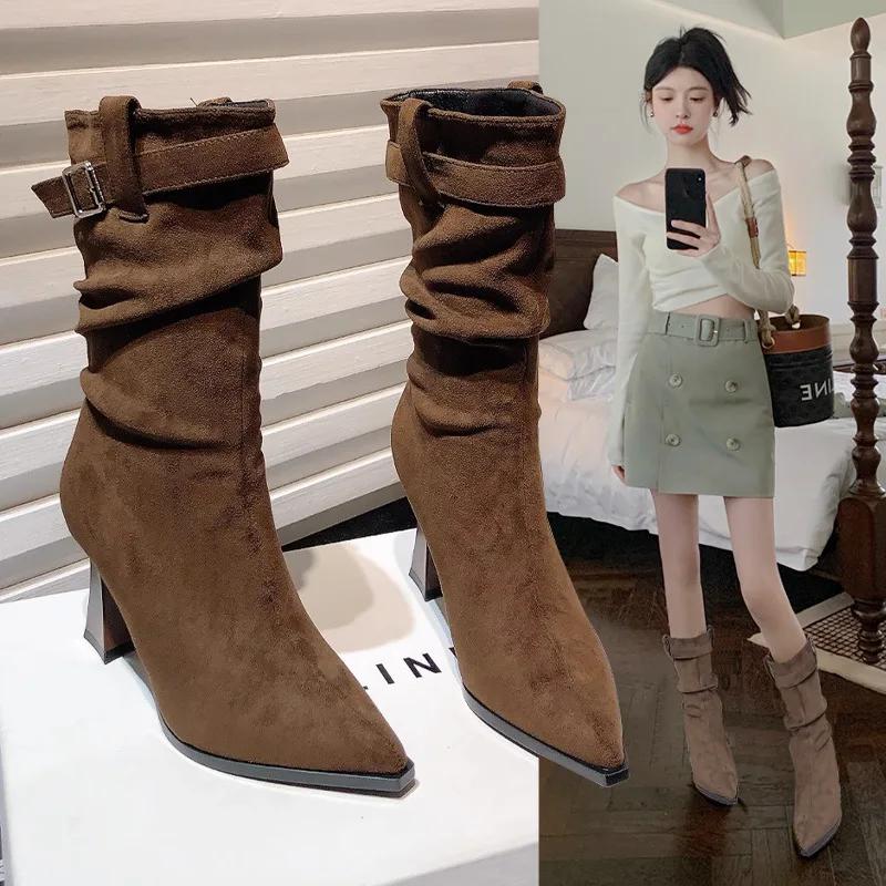 Korean Fashion Pleated Mid-tube Skinny Heel Pile Boots Women's 2024 Fall Belt Buckle Suede Pointed Heel Ankle Boots