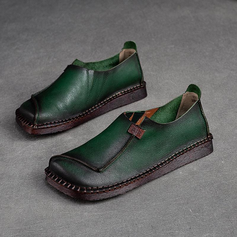 Осенние ретро-лоферы из кожи с резиновой подошвой, женские туфли на плоской подошве с квадратным носком и мягкой подошвой, однотонные туфли без застежек