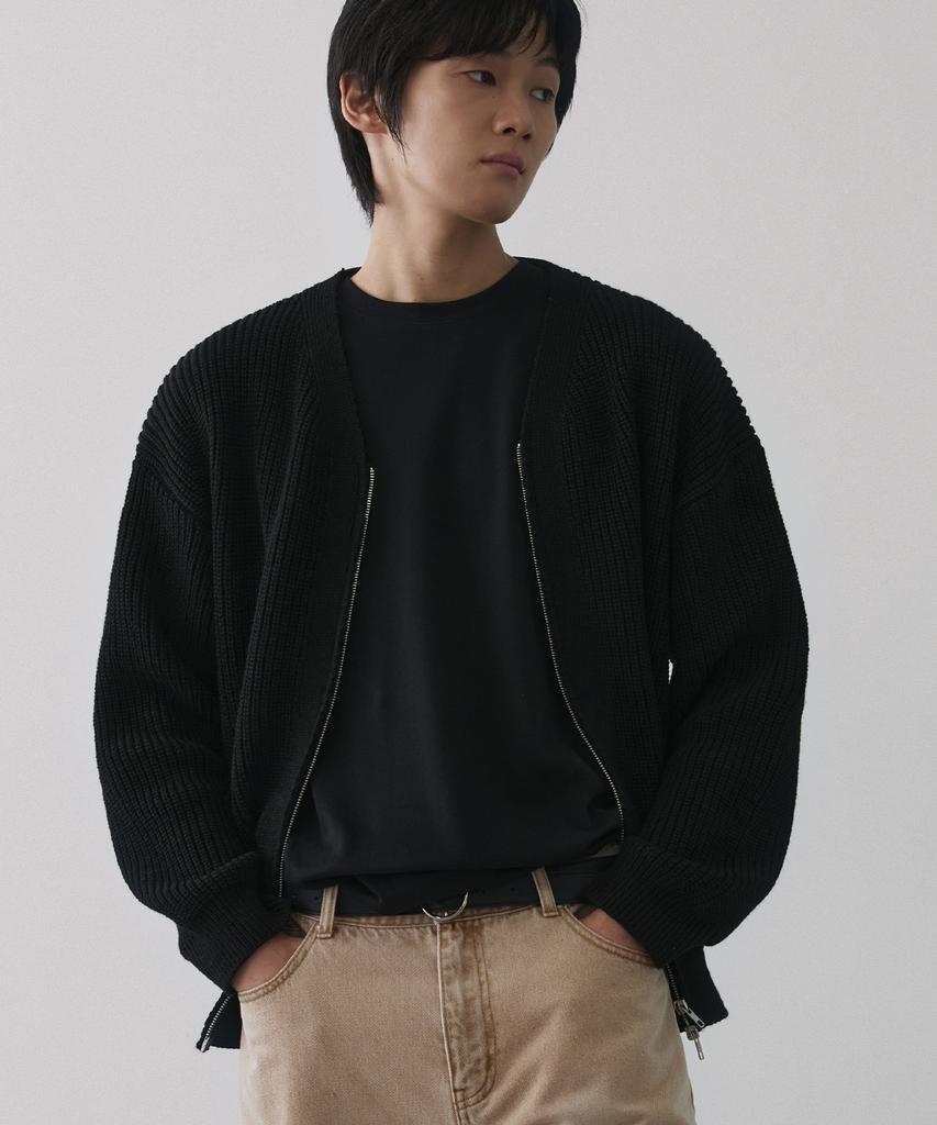 NODU Essential V-Neck Knit Zip-Up Cardigan [Black]