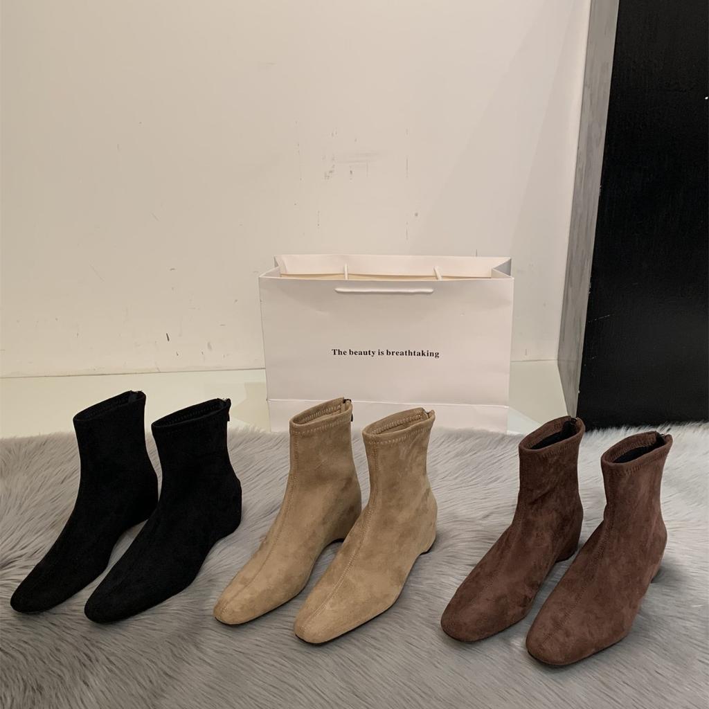 French commuter temperament soft leather square head thin elastic thin boots autumn and winter short boots women's thick heel medium heel Martin boots