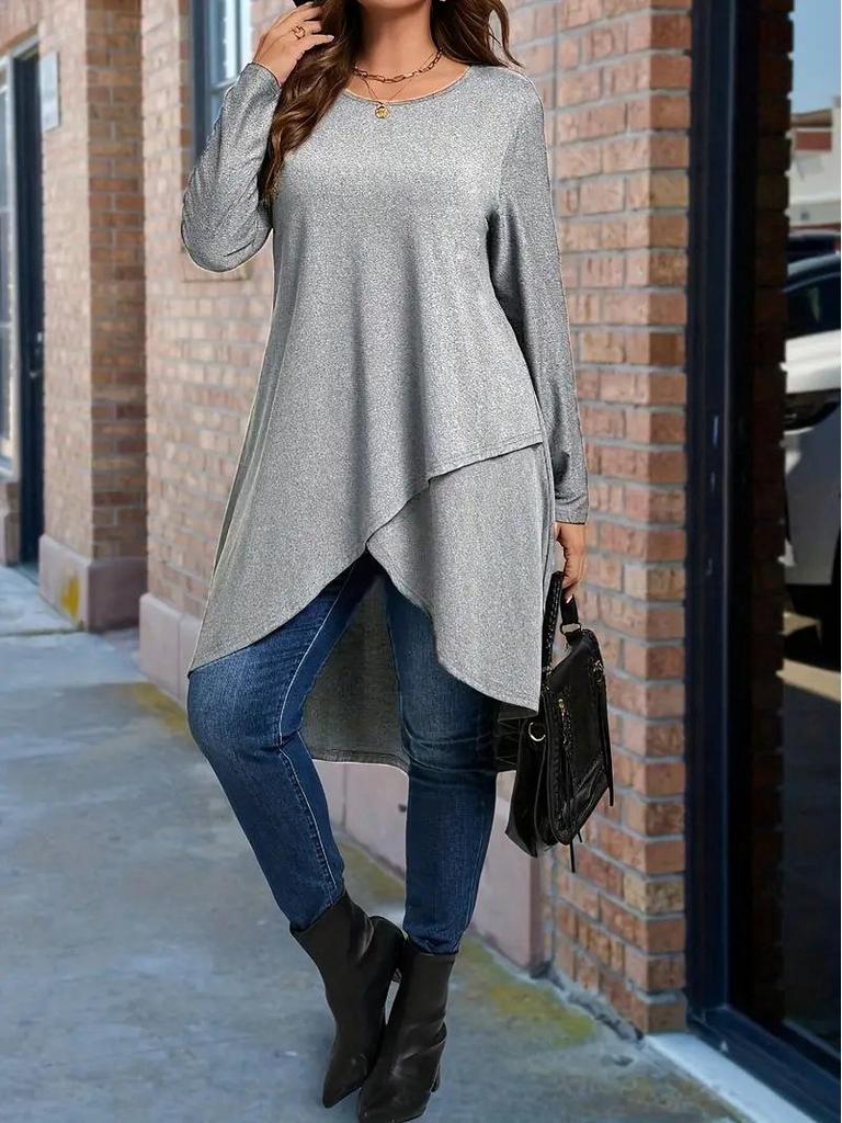 Plus Size Asymmetrical Hem Loose Long Sleeve Top (European & American Style, 2025)