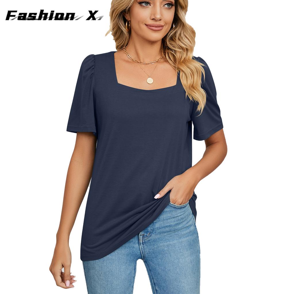 Весенне-летняя новая однотонная свободная футболка с квадратным вырезом и короткими рукавами, вязаные топы женские