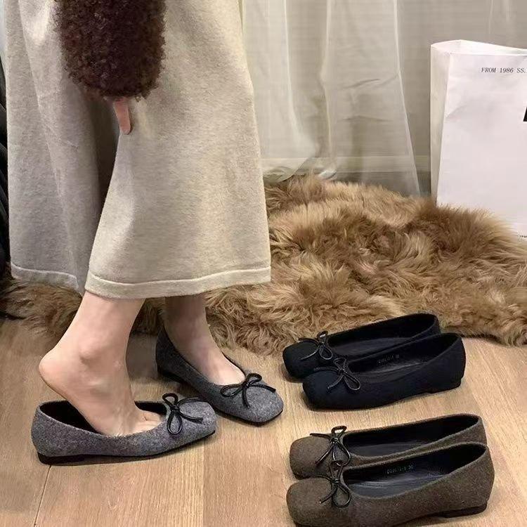 Квадратный нос на плоской подошве с бантом Doudou однотонные туфли Новая весна Французская замша нежные вечерние туфли