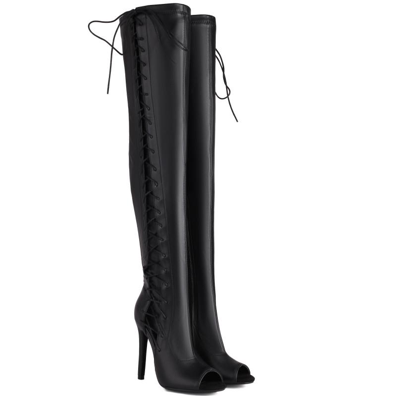 Женские сапоги выше колена, сексуальные, с открытым носком, с перекрестными шнурками, весенние, черные, красные, белые, высокие, длинные, для вечеринок, женские