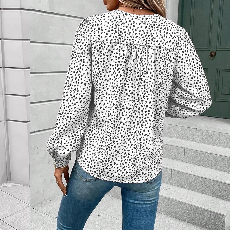 Women's V-neck Top Pullover Leopard Print Shirt Long Sleeves