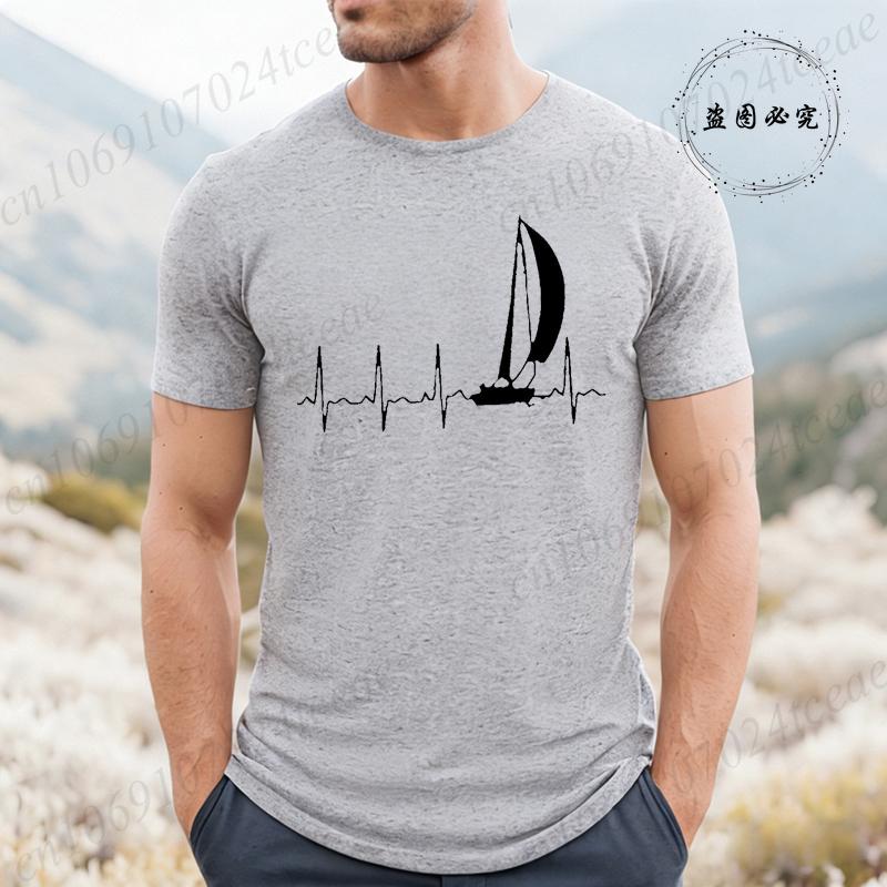 Sailing Heartbeat Pattern Men's 3D Printed T-shirt Summer Fashion Sailing Ekg Short Sleeved Top Casual and Comfortable Round Neck Streetwear