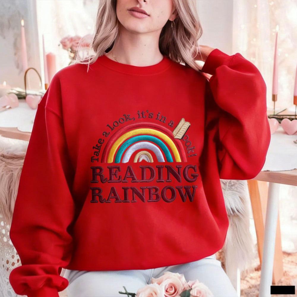 Reading Rainbow Взгляни Женский свитшот DTF-печать Вышитый стиль Пуловер, Ретро Подарок книголюбу для заядлых читателей