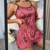 2 Pcs/Set Women Pajamas Set O Neck Sleeveless Heart Print Strappy Top Elastic High Waist Shirring Edge Loose Fit Shorts Homewear Vest Shorts