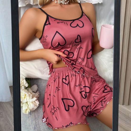 2 Pcs/Set Women Pajamas Set O Neck Sleeveless Heart Print Strappy Top Elastic High Waist Shirring Edge Loose Fit Shorts Homewear Vest Shorts