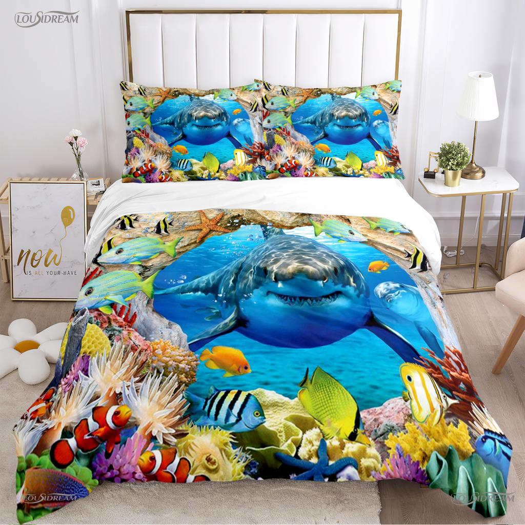 3D Ocean World Dolphin Whale Fish Duvet Cover Comforter Beding Set Soft Quilt Cover and Pillowcase for Single/Double/Queen/King