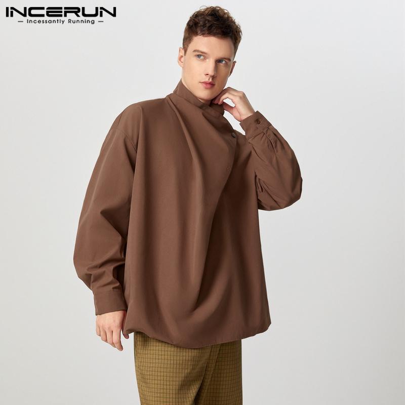INCERUN Мужские футболки с длинным рукавом и воротником-стойкой с боковыми пуговицами