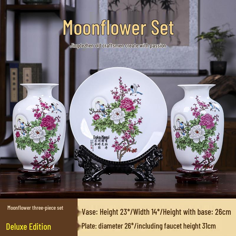 Good Fortune Jingdezhen Ceramic Vase Set: 3-Piece Décor for Living Room, Curio Shelf, or TV Cabinet