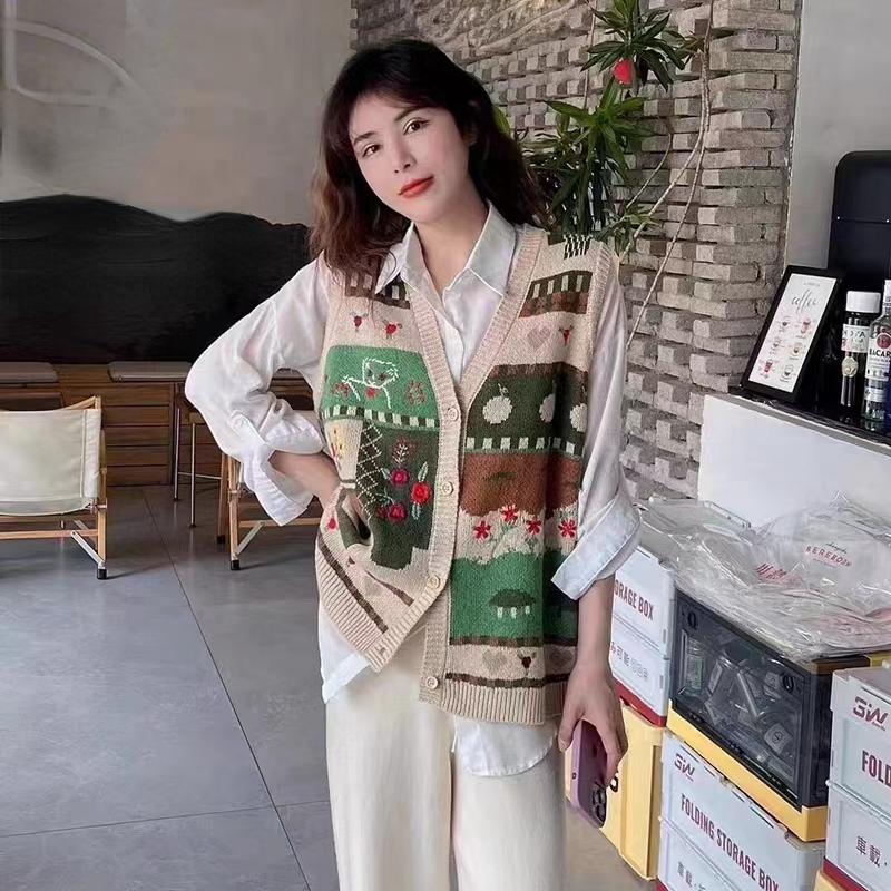 Жилет больших размеров, осенние женские свитера с цветочным принтом, вязание с v-образным вырезом, модные пуговицы, оверсайз, базовый повседневный стиль, свободный свитер, пальто
