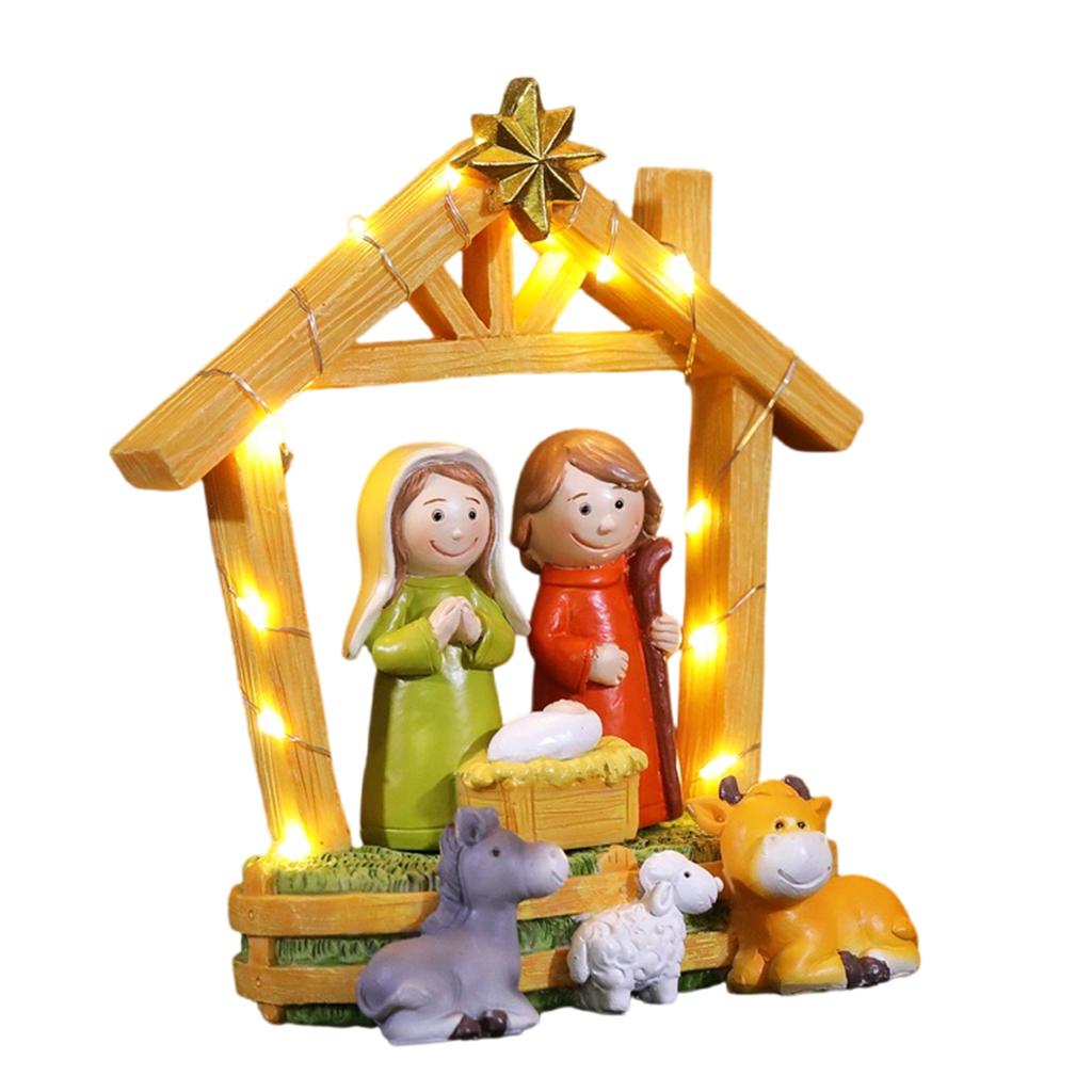 LED Lighted Festival Resins Nativity Figurines Ornament Set Holiday Tabletop Decoration for Christmas Party Decors Gift