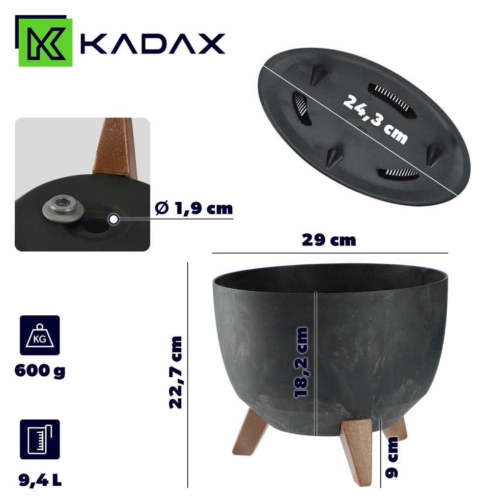 KADAX Горшок Цветочный Горшок 29см Кашпо + Вкладыш Ножки Пробка Кашпо Черный