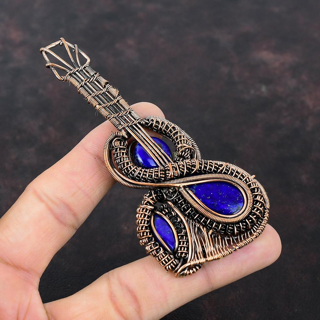 Подвеска из лазурита, подвеска из медной проволоки, ювелирное изделие ручной работы, подвеска в виде гитары, драгоценный камень, медное ювелирное изделие, подарок для мамы, уникальный дизайнерский кулон