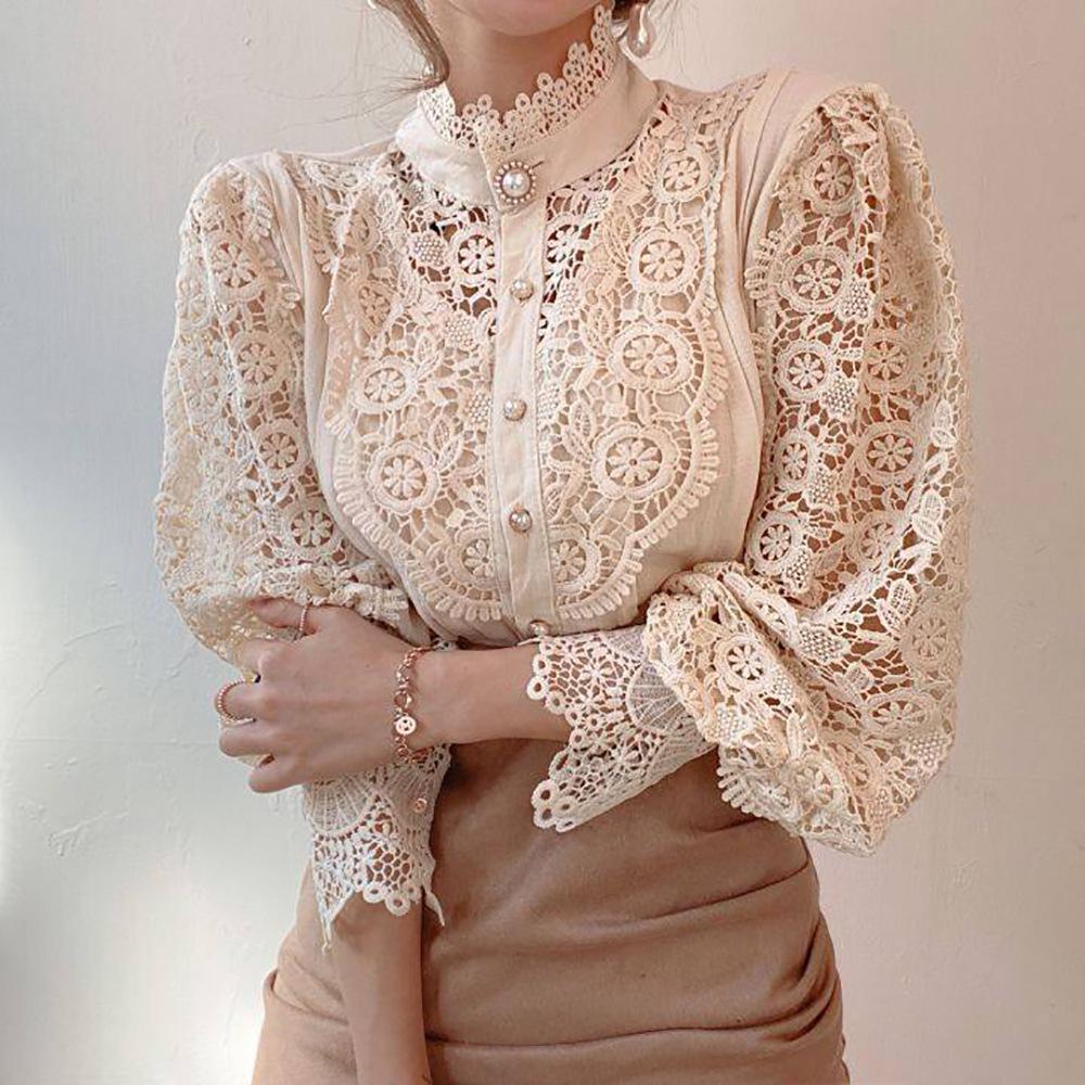 2023 Summer Lace Hollow Long-Sleeve Stand Collar Cotton Women's Shirt