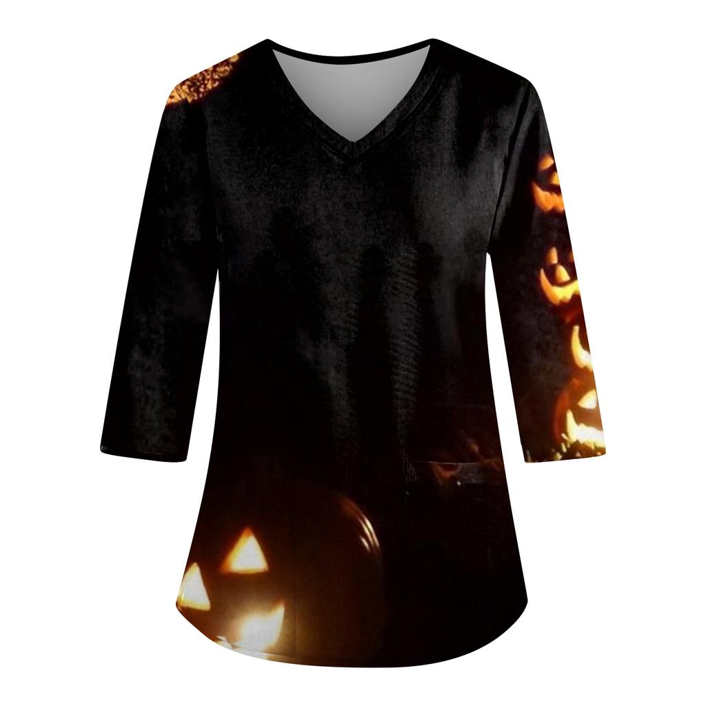 Женский свободный топ с V-образным вырезом, карманом и принтом на Хэллоуин, рукав три четверти, рабочая одежда