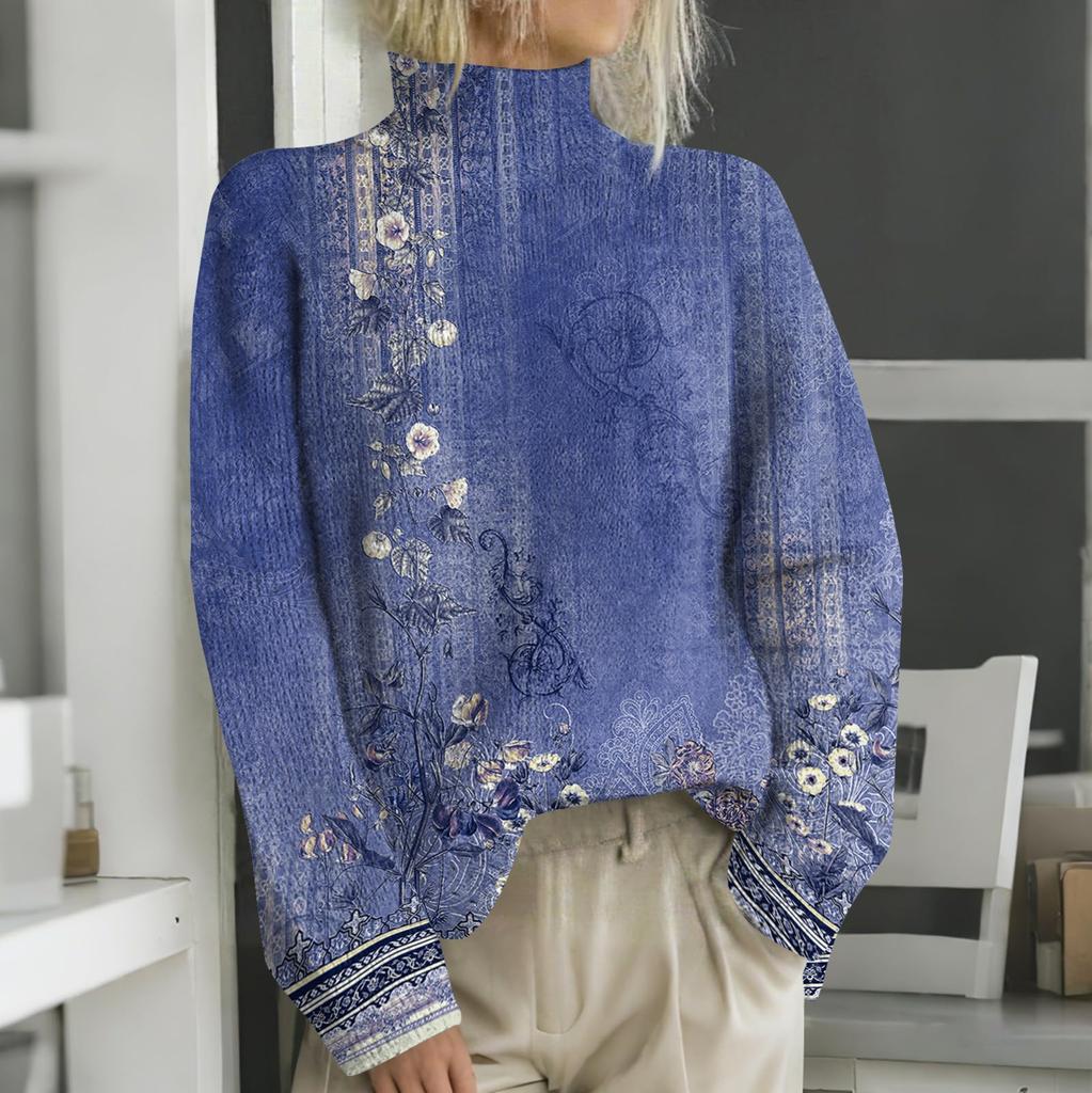 Женская мода повседневная с длинным рукавом и принтом, с высоким воротом, шерстяной трикотаж