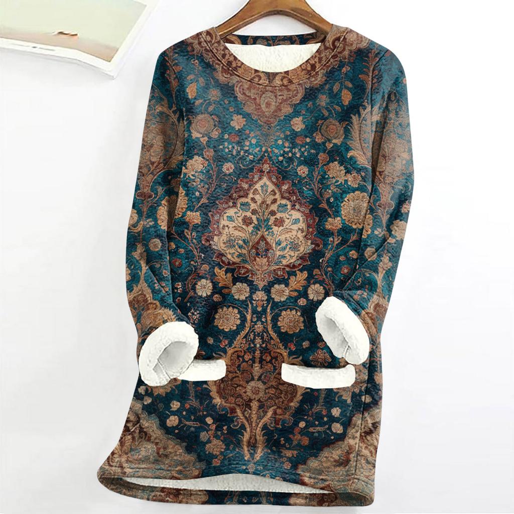 Women's Round Neck Top Printing Thickened Plush Cashmere Warm Long Top
