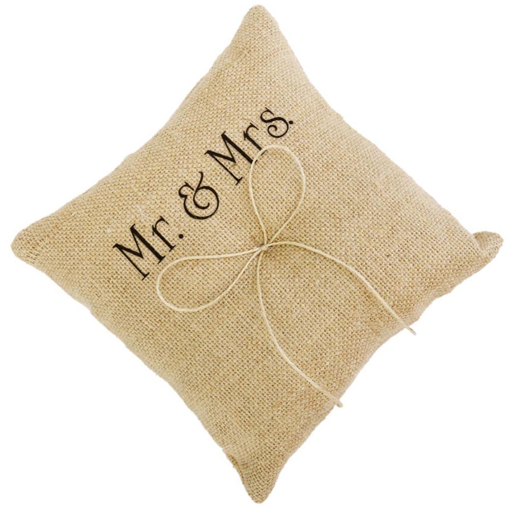 Подушка для колец в деревенском стиле Mr & Mrs Burlap из джутовой бечевки и шпагата Подушка для колец в форме сердца с двумя сердечками Подушка для держателя колец
