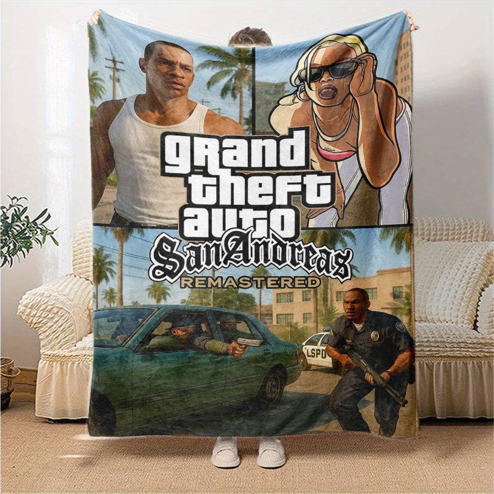 1 шт. Мягкое фланелевое одеяло Grand Theft Auto с дизайнерским принтом. Уютное одеяло для всех сезонов, идеально подходит для дивана, кровати, офиса