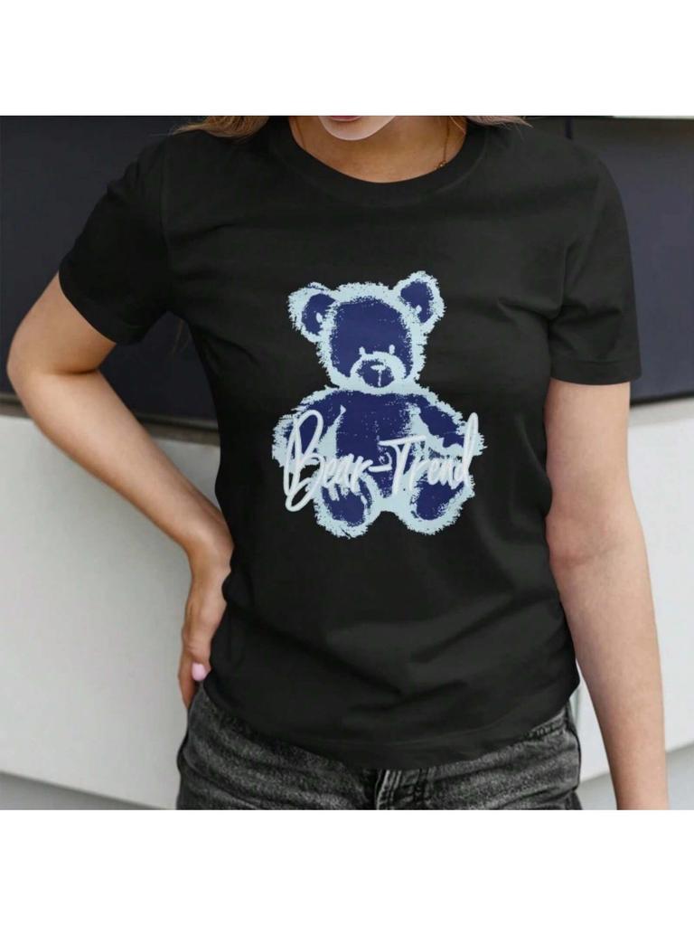 s Black Short Sleeve T-Shirt With Retro Style Blurry Teddy Bear Print For Spring And Summer