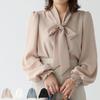 Японская корейская осенняя однотонная свободная рубашка на шнуровке с рукавами-фонариками для женщин