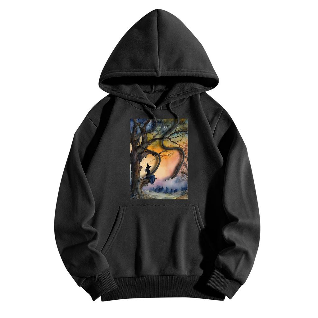 Women's Fashionable Casual Halloween Witch Print Hooded Sweatshirt With Pockets Long Sleeved Sweatshirt