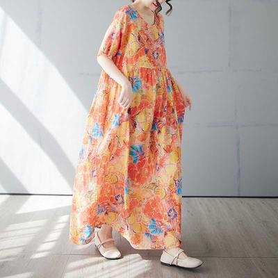 Женская простая и модная длинная юбка, летнее платье с коротким рукавом и круглым вырезом с принтом