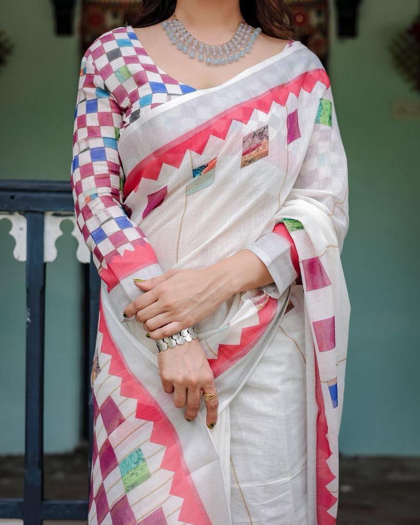 Women Designer Classic White with Colorful Geometric Print Work Saree With Unstitched Blouse